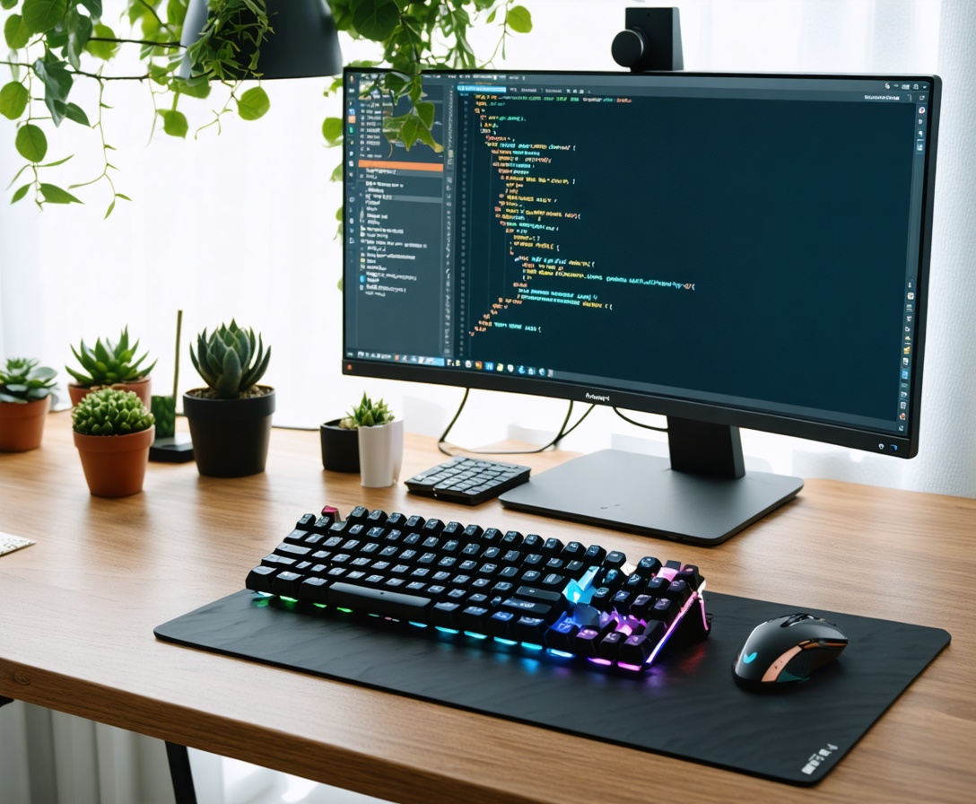 Ein sauberer Arbeitsplatz mit Monitor, mechanischer Tastatur und Code auf dem Bildschirm