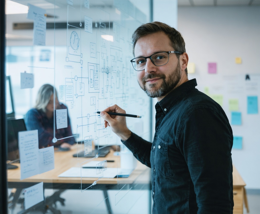Gründer Dr. Marc-André Weber arbeitet an einer komplexen Software-Architektur