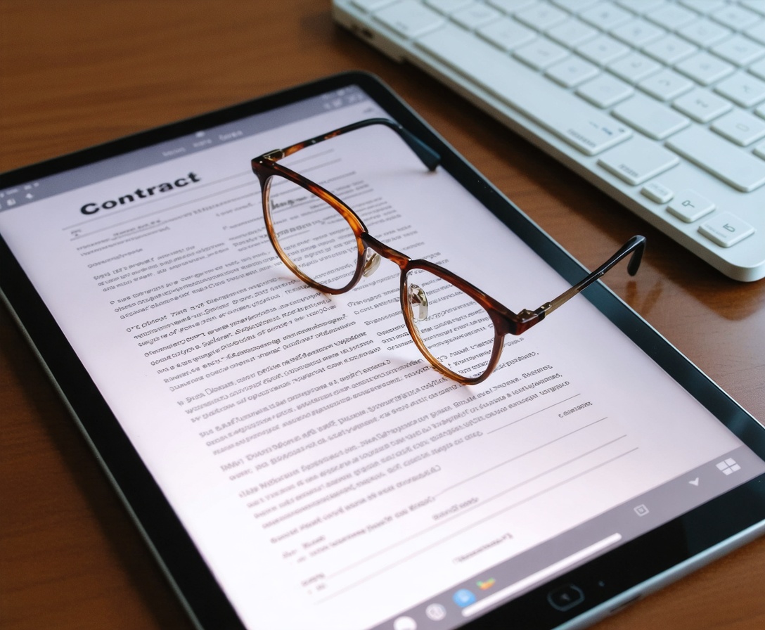 Nahaufnahme eines Tablets mit rechtlichen Dokumenten und einer Brille